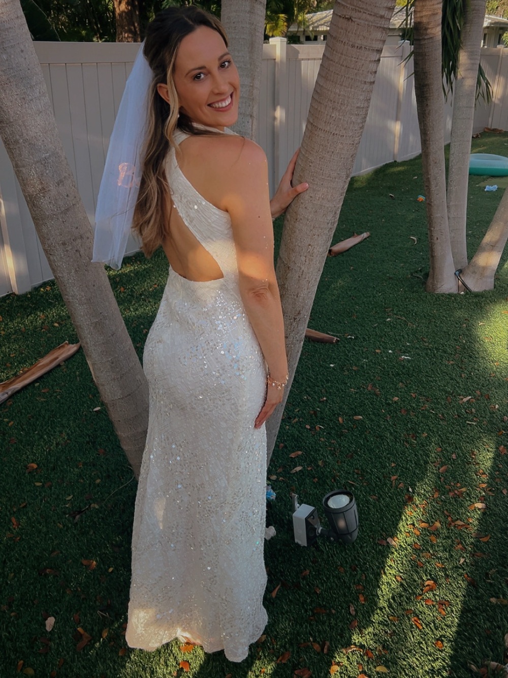 Line & Dot Ivory Sequin Halter Back Gown
